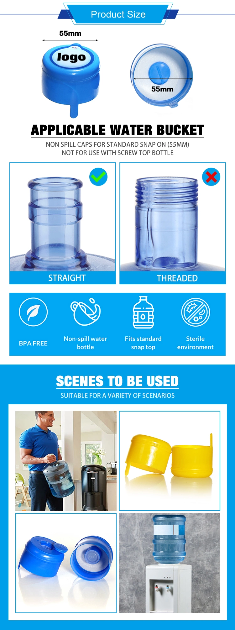 Smart Lids Type Plastic Non Spill PE 5 Gallon Water Bottle Cap